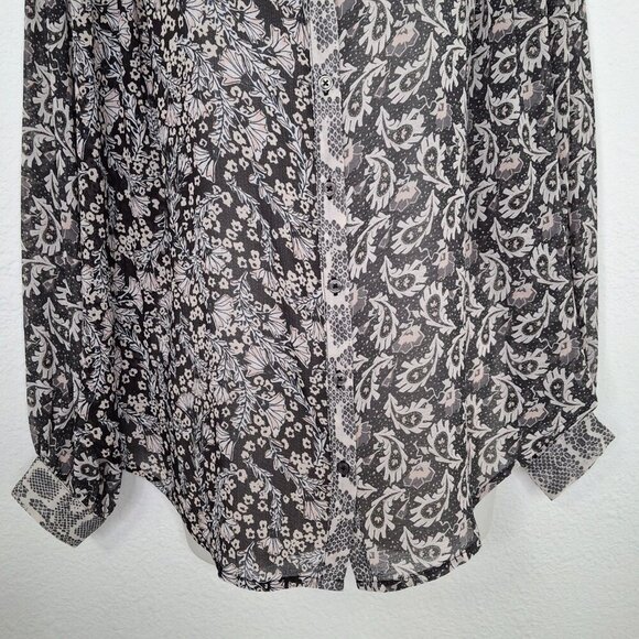 Free People Floral Paisley Snake Blouse Sz S Button Down Sheer Mix Media Boho - Picture 8 of 16